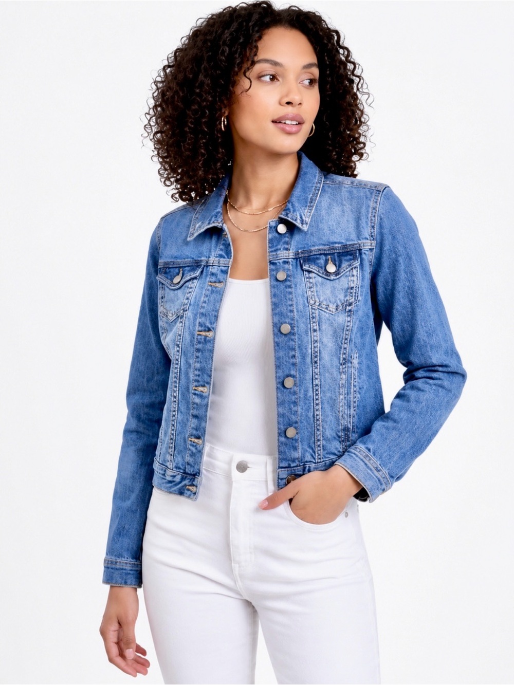 LOFT Ann Taylor Denim Trucker Jacket Medium Petite Blue Jean Classic 100% Cotton